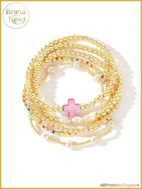 14K Gold Plated Stretch Bracelets Stack Set Boho Beaded Cross Jewelry